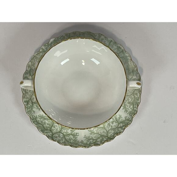 Spode Green Coral Cream Soup Bowl & Saucer Set Gold Trim EUC Rare Vintage - Picture 6 of 12